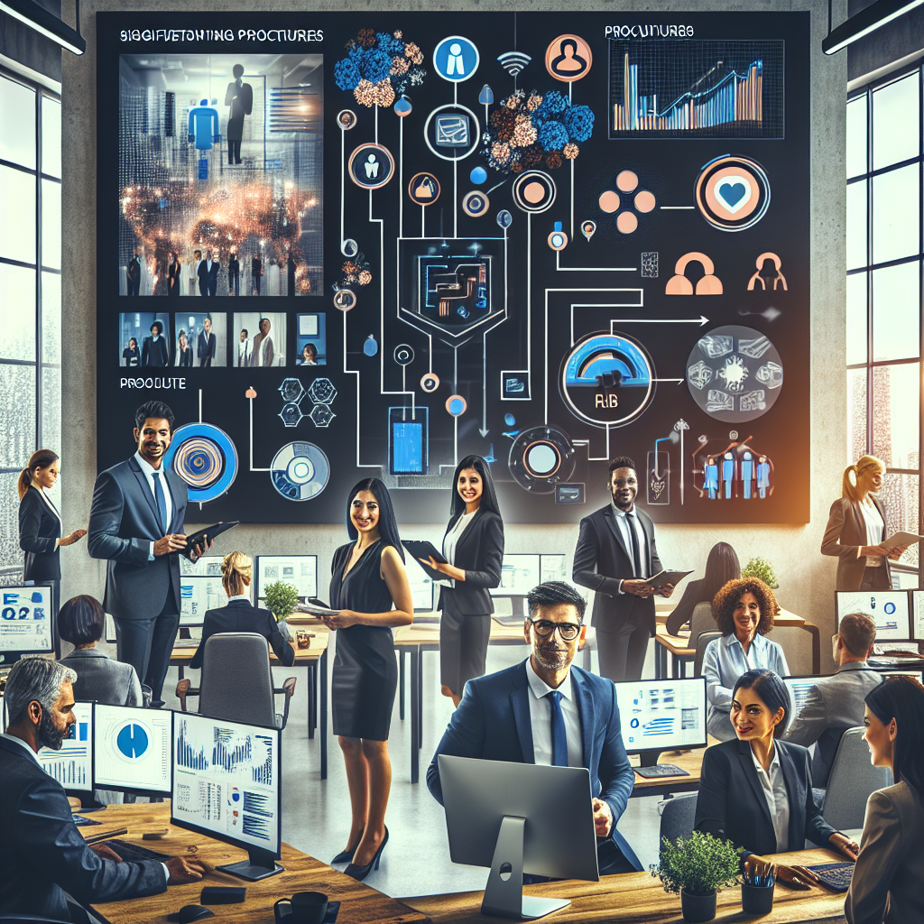 Generate an image of a bustling modern office environment where a recruitment agency is optimizing its processes, featuring a diverse team of professionals collaborating with digital tools, with flow charts and infographics on screens.