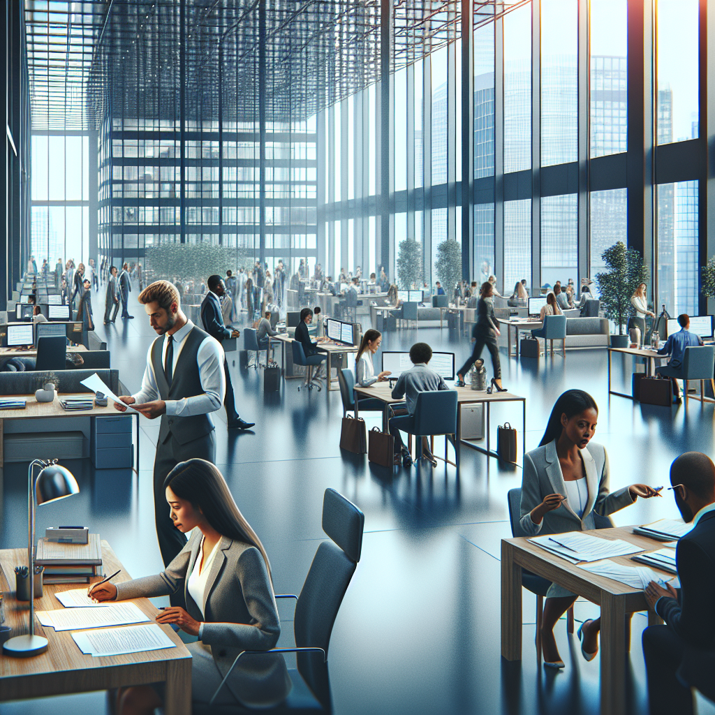 Generate an image of a dynamic team of recruitment consultants in an expansive workspace, symbolizing the agency's expansion of personnel, with a diverse recruitment team engaged in strategy meetings and interviews.