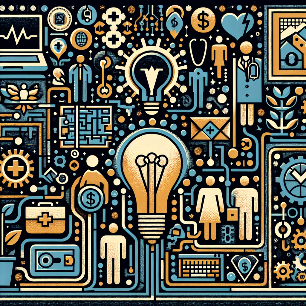 Generate an image depicting a versatile recruitment agency offering diversified services, with visual elements representing different industries like healthcare, technology, and finance, showcasing a diverse clientele and creative solutions.