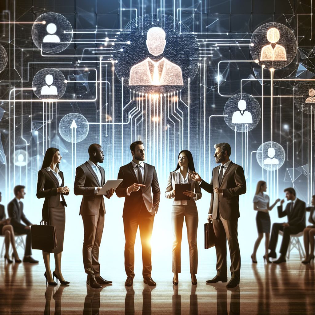 Generate an image showcasing a recruitment agency strengthening client relationships, featuring a meeting between agency representatives and corporate clients in a modern setting, with branding elements like logos and technology gadgets visible.