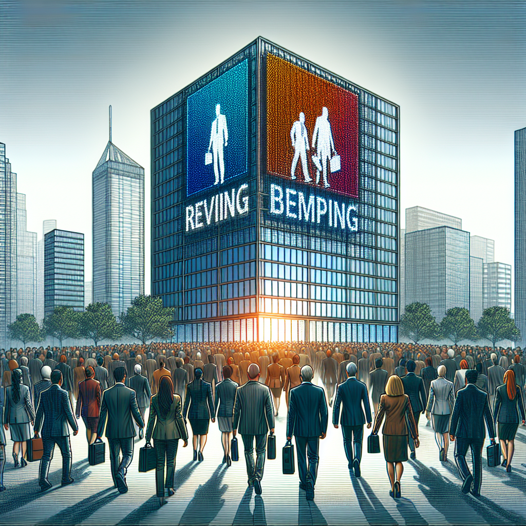 Generate an image of a diverse group of passive candidates being drawn towards a company building adorned with strong employer branding banners and logos. The setting is a modern cityscape, showcasing the magnetism of powerful branding in attracting talent.