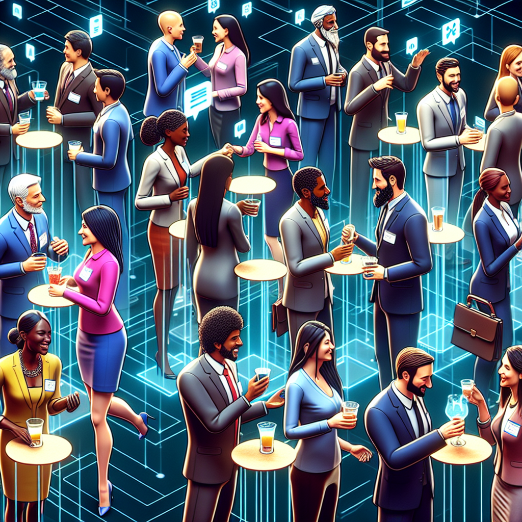 Generate an image of a digital networking event in full swing, featuring animated avatars of professionals connecting over virtual drinks and business cards. The scene is dynamic and vibrant, emphasizing the role of networking in attracting passive candidates.
