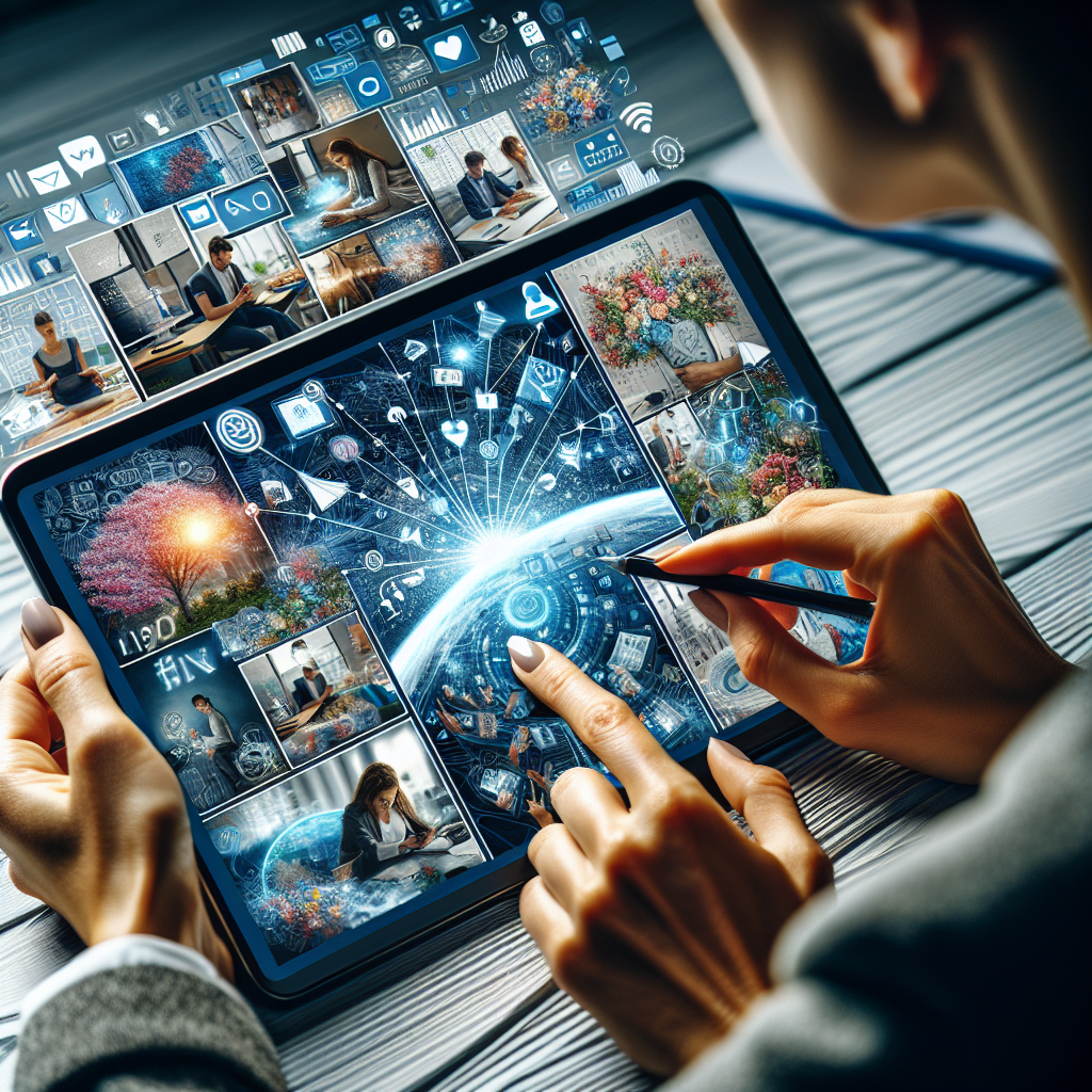 Generate an image of a social media feed filled with compelling job-related content, with eye-catching visuals and storytelling. The perspective is over-the-shoulder, showing how targeted content captures the attention of potential hires scrolling through their devices.