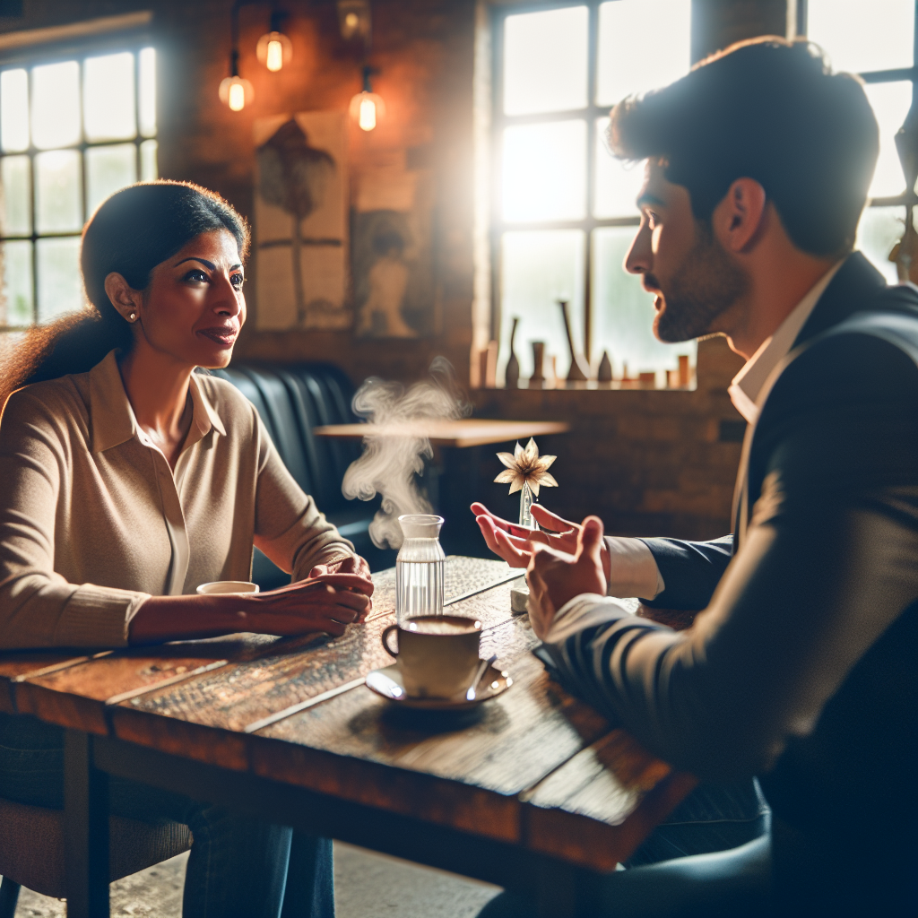 Generate an image of a recruiter engaging with a top talent in a cozy cafe setting, using a personal approach. The image captures the warmth and sincerity of the conversation, reflecting the effectiveness of personal interactions in recruiting.