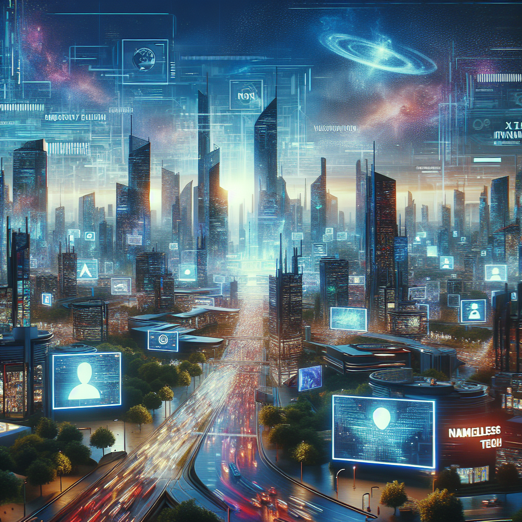 Generate an image of a futuristic cityscape where various tech companies are attracting top talent through holographic advertisements. The scene should be vibrant, with towering skyscrapers displaying digital billboards highlighting employer branding, innovation, and advanced technology.