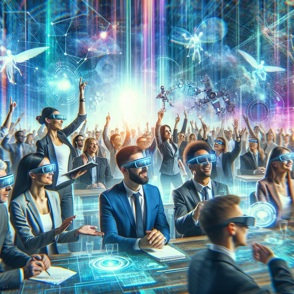 Generate an image of a bustling tech conference with young professionals engaging through augmented reality glasses. Capture a diverse group of individuals networking, exchanging ideas, and discovering recruitment opportunities in a dynamic and colorful environment.