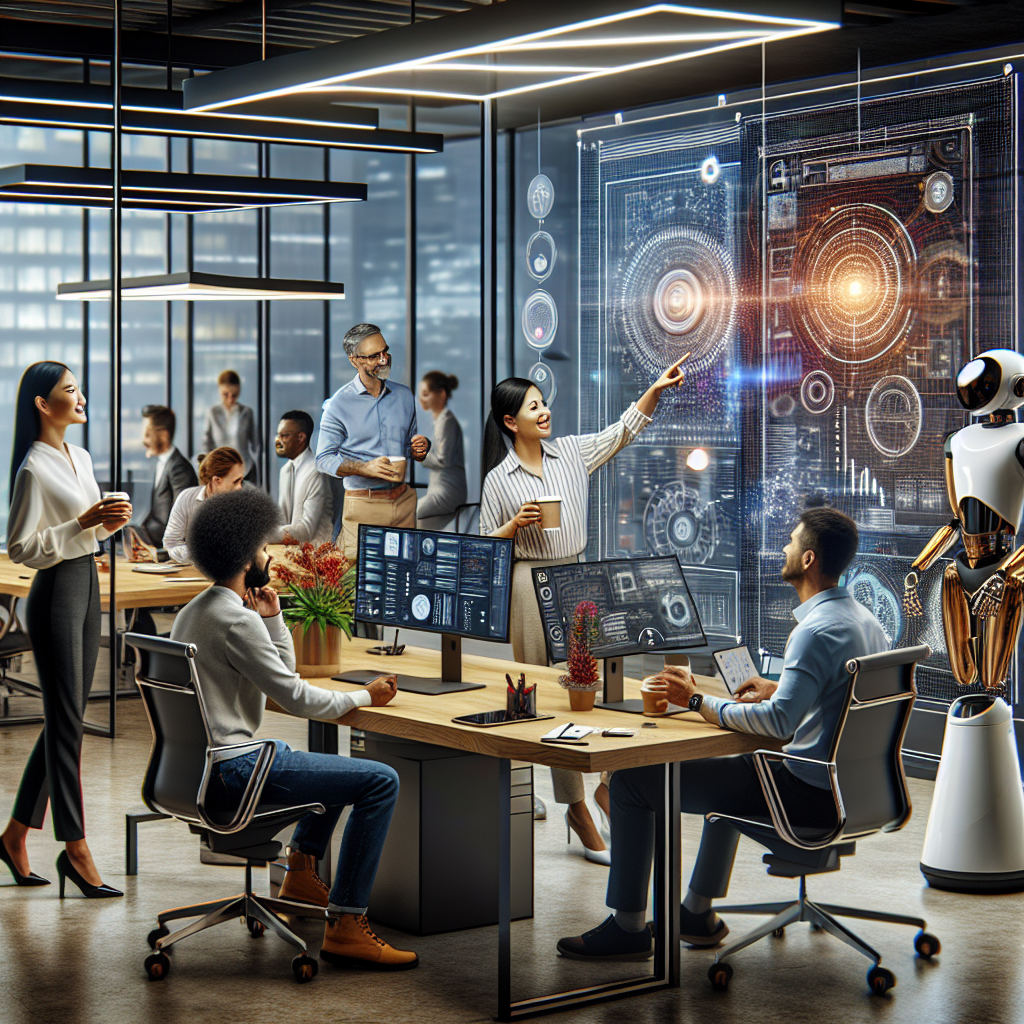 Generate an image of a corporate office interior showcasing a diverse team of tech professionals collaborating in an open-concept workspace. Emphasize inclusivity, innovation, and teamwork with elements of modern design and cutting-edge technology.
