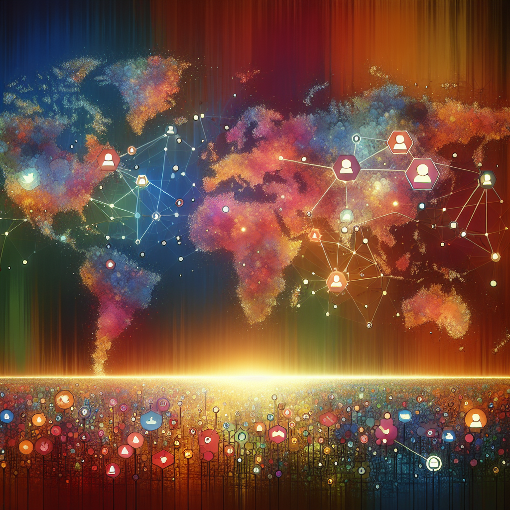 Generate an image of a social media landscape represented as a digital world map, with interconnected nodes symbolizing various recruitment platforms and strategies. Highlight the global reach and impact of social media in attracting tech talent, using an abstract and artistic style.