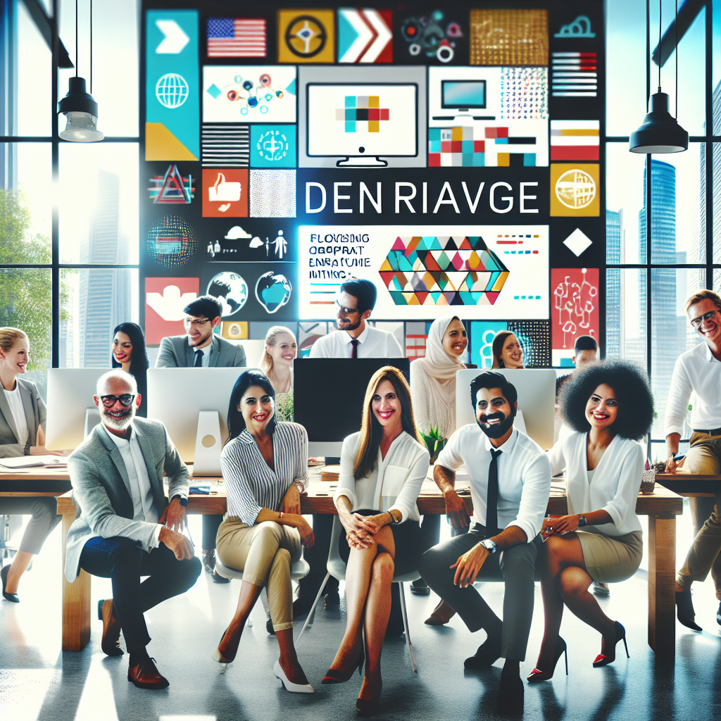Generate an image of a modern workplace where a vibrant and attractive employer brand is showcased. The image should feature happy employees from different backgrounds working together, colorful branding elements in the office, and digital screens displaying successful company values and culture.