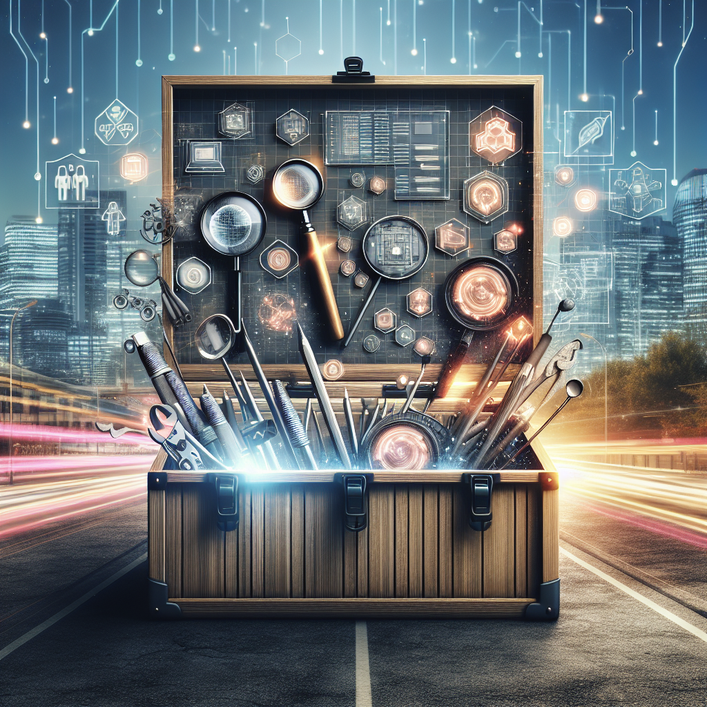 Generate an image of a creative toolbox filled with innovative tools and techniques for recruiting talent. The toolbox should be open, displaying a variety of symbolic items like magnifying glasses, digital tools, and strategic planning charts, all set against a backdrop of a bustling modern cityscape to symbolize vast talent opportunities.