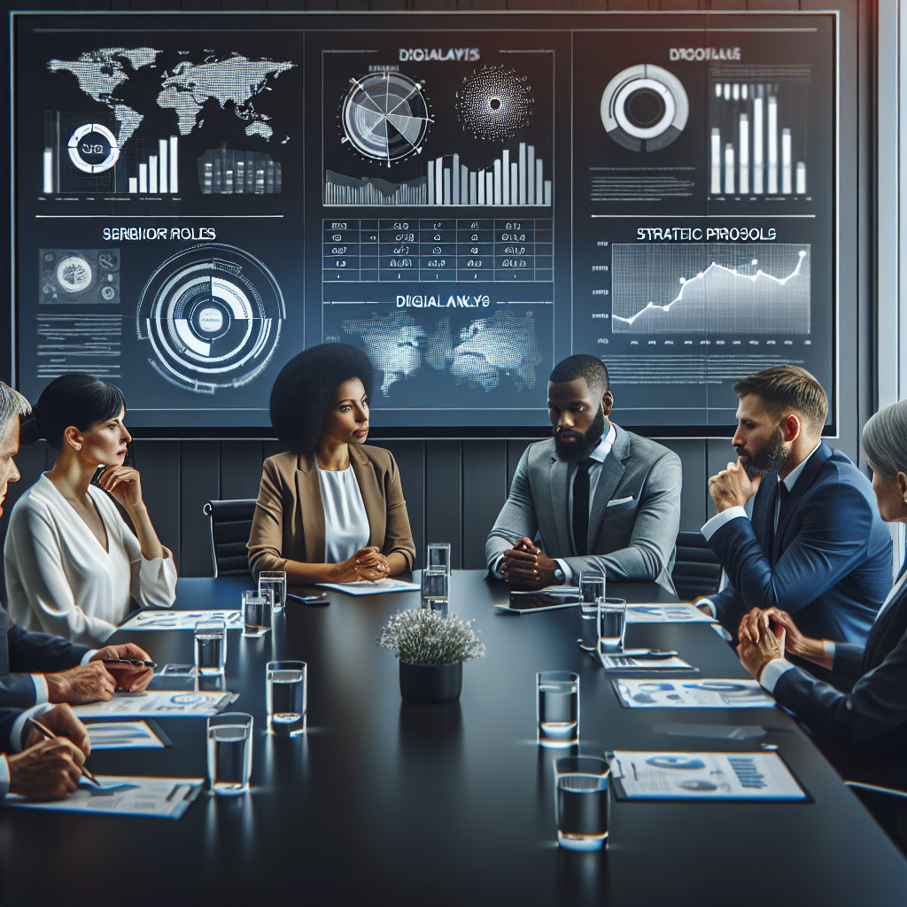 Generate an image of a strategic mapping session in a modern office, focused on understanding organizational needs for senior-level positions. The scene captures a diverse team of professionals collaborating around a large conference table with charts and digital boards displaying data analysis and strategic plans.