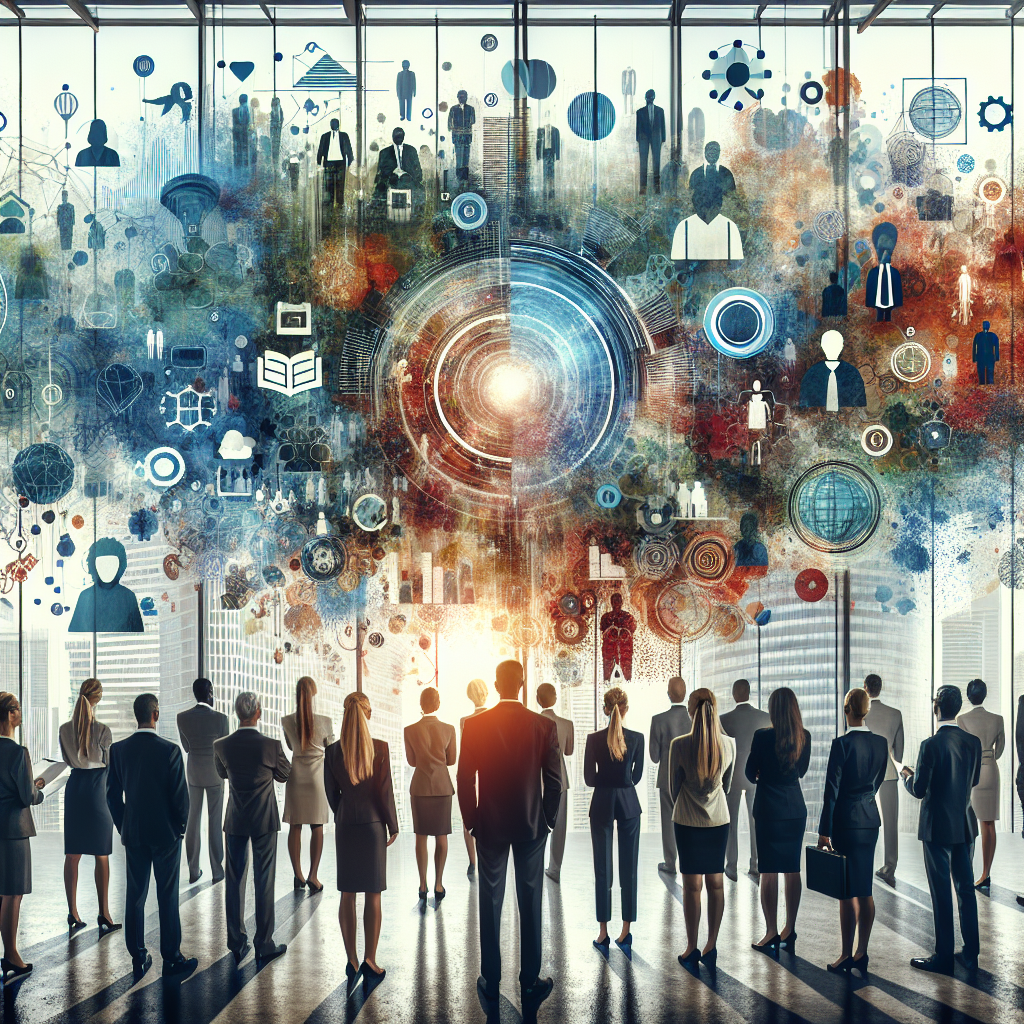 Generate an image of a visually striking and dynamic employer branding campaign. The image portrays a blend of digital and traditional marketing mediums, showcasing the brand's values and culture through vibrant visuals and engaging content aimed at attracting senior-level talent.