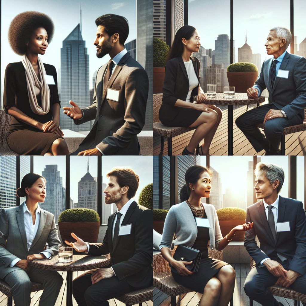 Generate an image of a professional networking event in a sophisticated setting, such as a stylish urban rooftop or elegant conference hall. The scene includes senior-level professionals engaging in meaningful conversations, exchanging business cards, and forming valuable connections.
