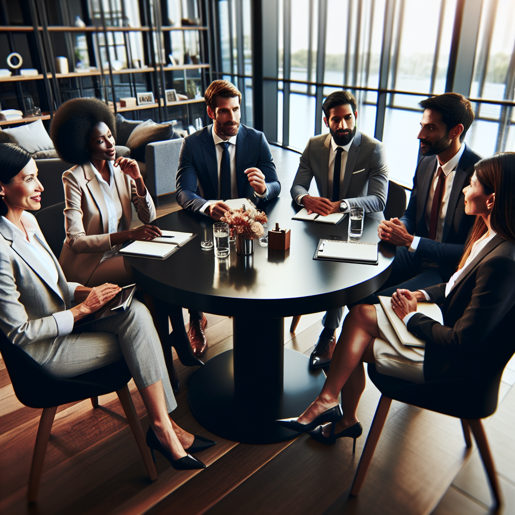 Generate an image of a collaborative meeting between a company and executive search consultants. The image highlights a productive discussion with consultants providing insights on how to approach senior-level candidates with respect and professionalism, set in a sleek, modern office environment.