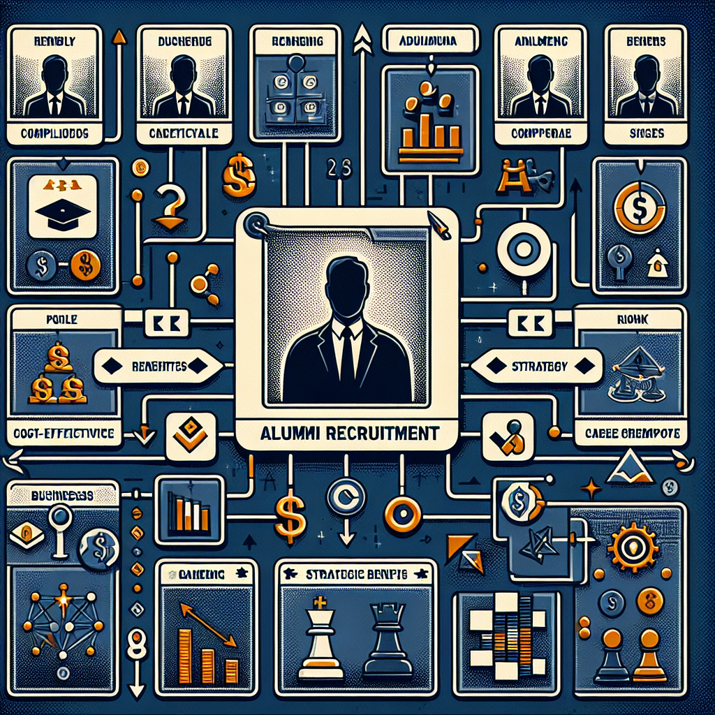 Generate an image of a digital-platform interface displaying alumni profiles, with company logos and career success stories. Include annotations that emphasize cost-effectiveness and the strategic benefits of alumni recruitment for businesses aiming to stay competitive.