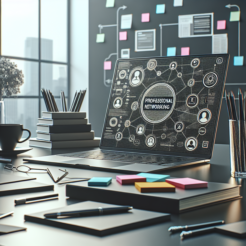 Generate an image of a professional workspace focused on LinkedIn, showcasing a laptop screen displaying an optimized LinkedIn profile. The workspace should include sticky notes with tips on profile optimization, and the background should be an office environment with a modern, clean aesthetic. Include elements like books on networking and a coffee cup to add a realistic touch.