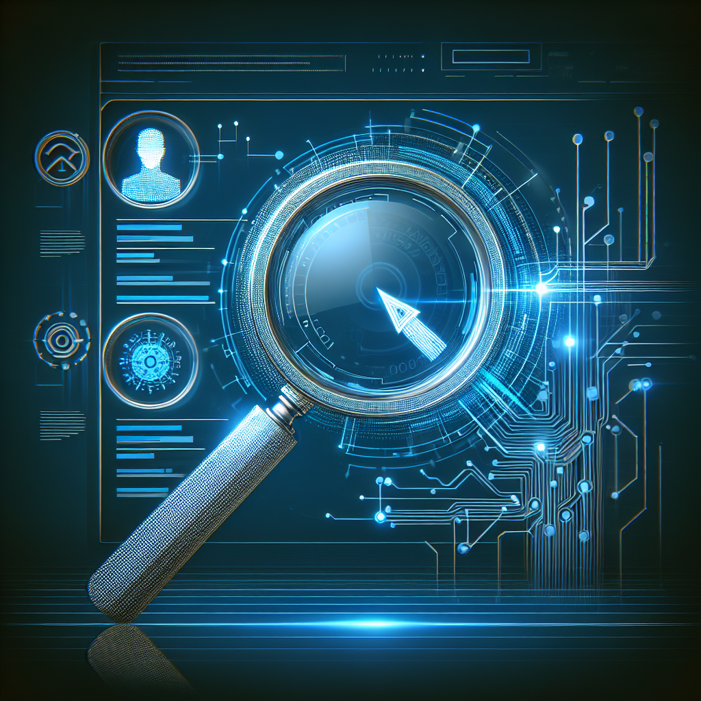 Generate an image of a digital magnifying glass hovering over a LinkedIn page, symbolizing advanced search filters. The image should be futuristic, with digital codes and graphs surrounding the glass to indicate technology's role in talent sourcing. Use a color palette of blues and whites to reflect LinkedIn's branding.