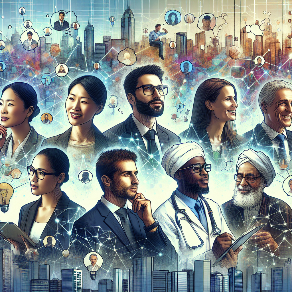 Generate an image of a vibrant community of diverse professionals connected through LinkedIn. Show them sharing valuable content, with speech bubbles illustrating ideas and innovation. The background should be a digital cityscape, representing the vast networking possibilities offered by LinkedIn.