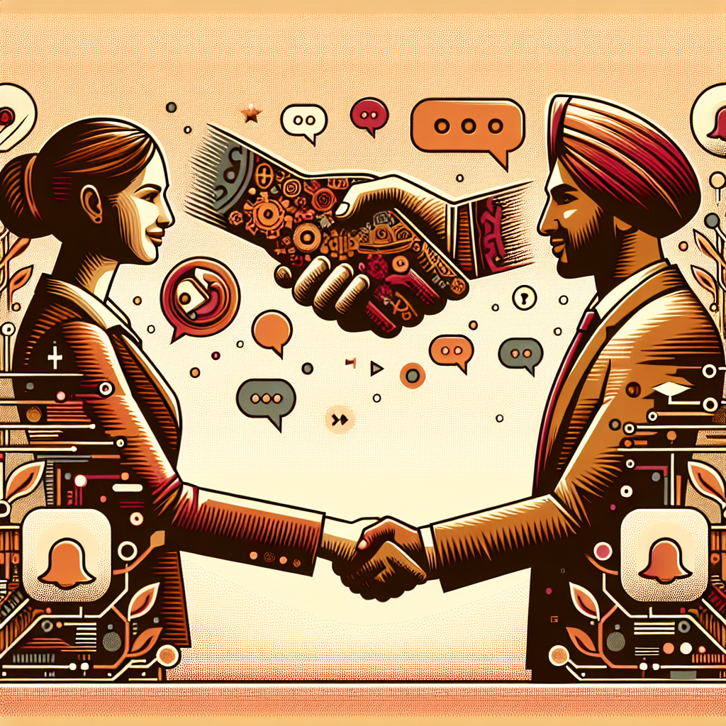 Generate an image depicting a virtual handshake between a recruiter and a candidate on LinkedIn. The scene should illustrate effective engagement, with icons of messages and notifications in the background to emphasize communication. Use a mix of warm and cool tones to convey a sense of connection and professionalism.