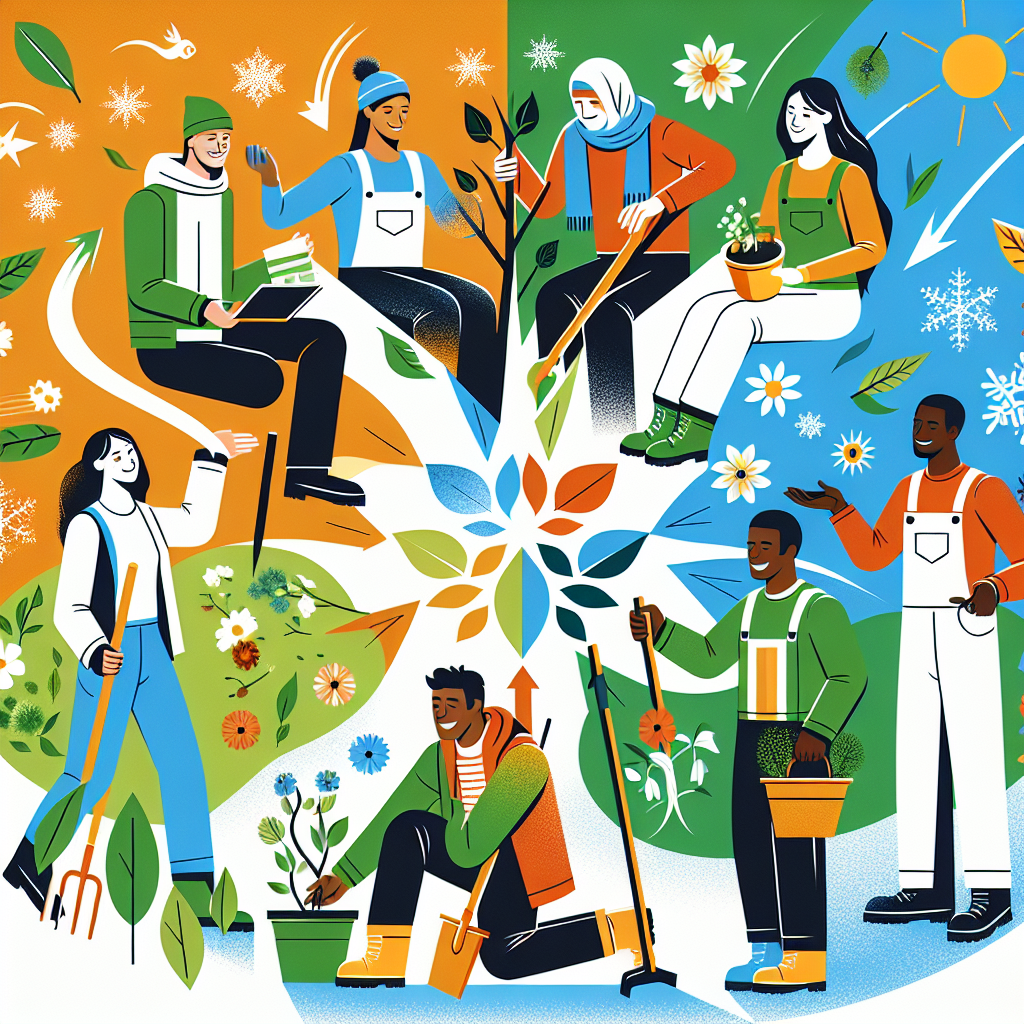 Generate an image depicting a diverse group of seasonal workers happily collaborating in a vibrant setting. They are surrounded by symbols of different seasons, such as falling leaves, snowflakes, blooming flowers, and bright sun, symbolizing the seasonal nature of their work. The workers are engaged in various activities, representing teamwork and unity.