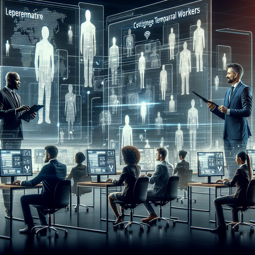 Generate an image of a modern, bustling office where representatives from a temporary staffing agency are using digital platforms to connect with potential seasonal workers. The scene includes computer screens displaying online platforms, with silhouettes of workers appearing on the screens, indicating successful connections.