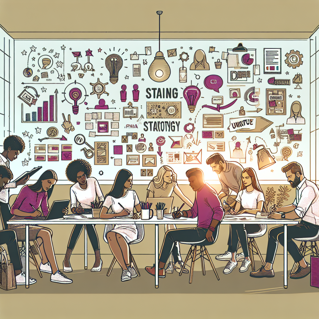 Generate an image of a unique branding strategy being developed by a team from a staffing agency. The scene includes diverse team members brainstorming in a creative workspace filled with sketches, mood boards, and brand identity elements, showcasing the creation of a compelling unique proposition.