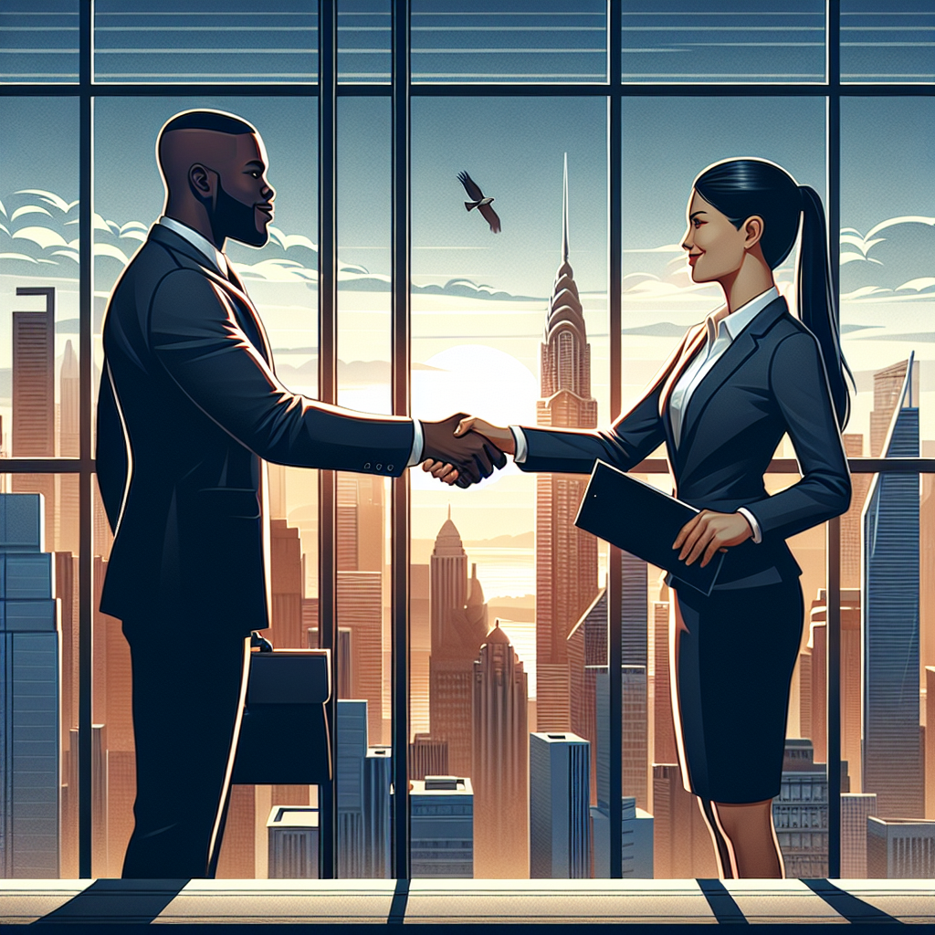Generate an image of a handshake between a staffing agency manager and a company executive, symbolizing trust and partnership. The background shows a cityscape from a high-rise office window, and the image emphasizes the bond and professional relationship strengthened by confidence and shared goals.