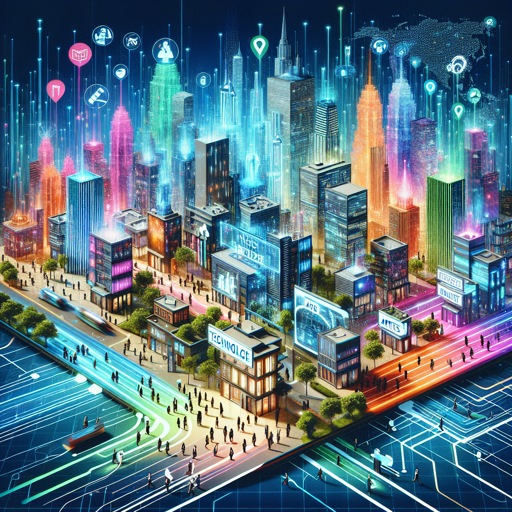 Generate an image of a bustling digital job board, depicted as a virtual cityscape where specialized buildings represent different job sectors, with candidates seamlessly navigating and connecting with opportunities. Bright, vibrant colors and a futuristic aesthetic highlight the efficiency and connectivity of the platform.