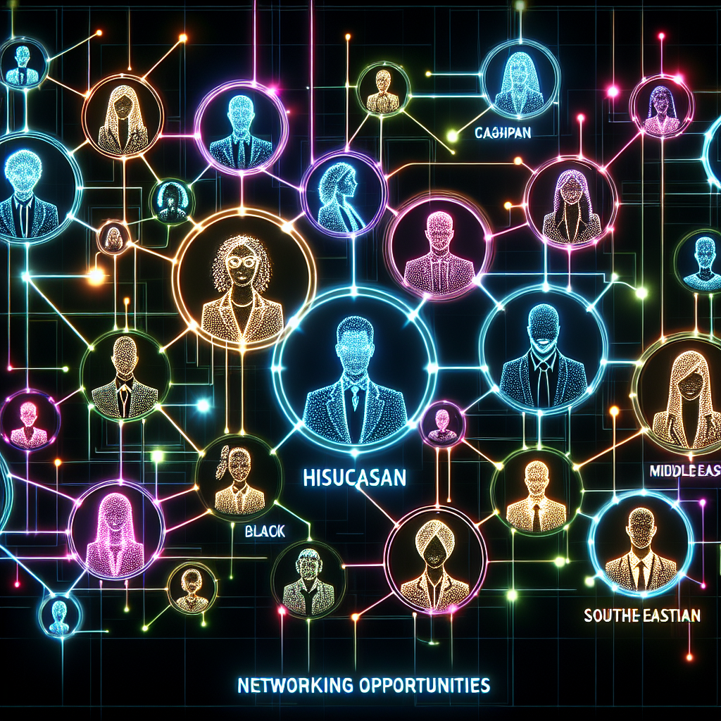 Generate an image showcasing a vivid network of professionals and experts connected by glowing lines and nodes, representing the networking opportunities offered by specialized job boards. The image should use a dark theme with bright neon lights to emphasize the dynamic and vibrant nature of these connections.