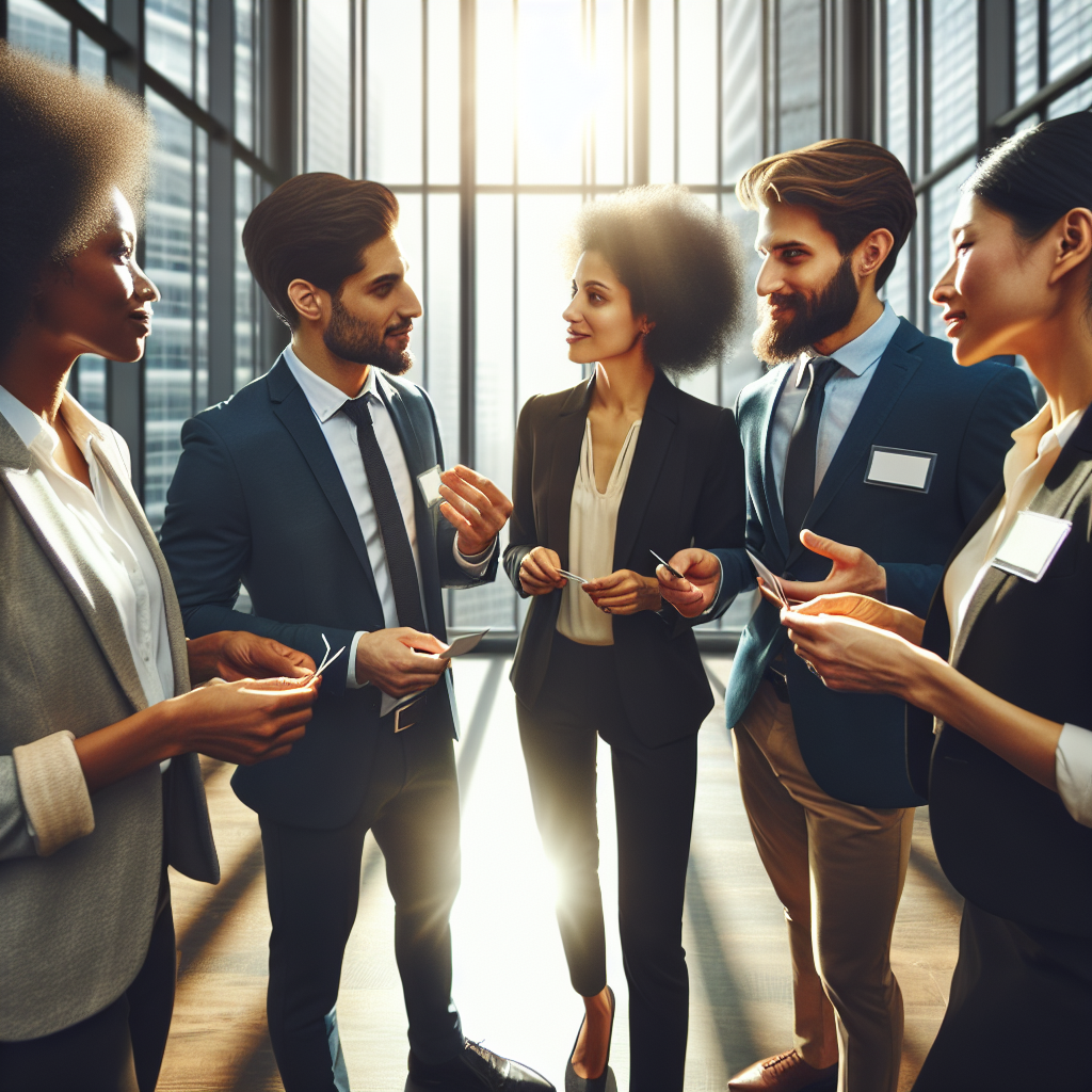 Generate an image of a professional networking event, capturing diverse professionals engaging in conversations with focused expressions. The setting is a modern conference room with large windows, and participants are exchanging business cards while some are attentively listening. Visual emphasis on the vitality of communication and networking in business growth.