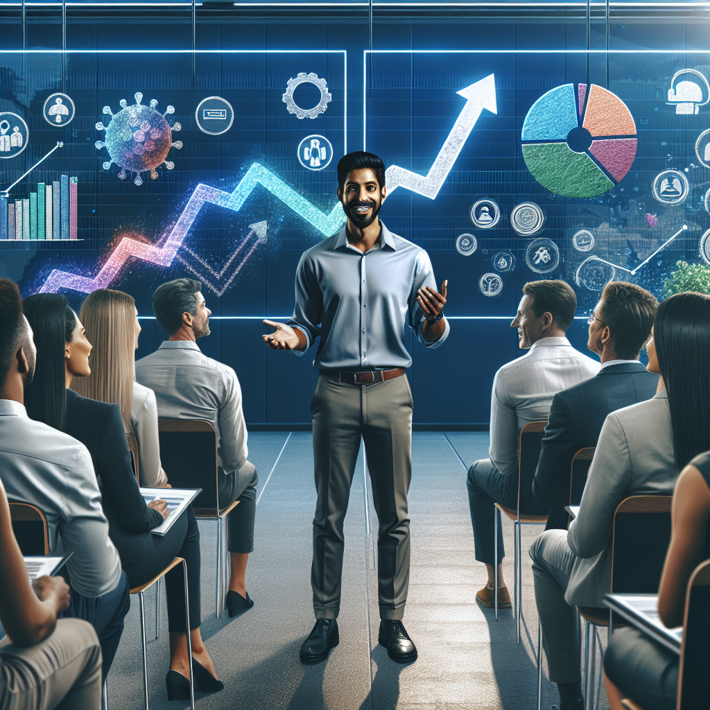 Generate an image of a person delivering a powerful elevator pitch, standing confidently before a captivated audience. The scene includes a digital presentation in the background with key points about business innovation and growth. Capture the dynamic and persuasive energy of successful pitches in a corporate environment.