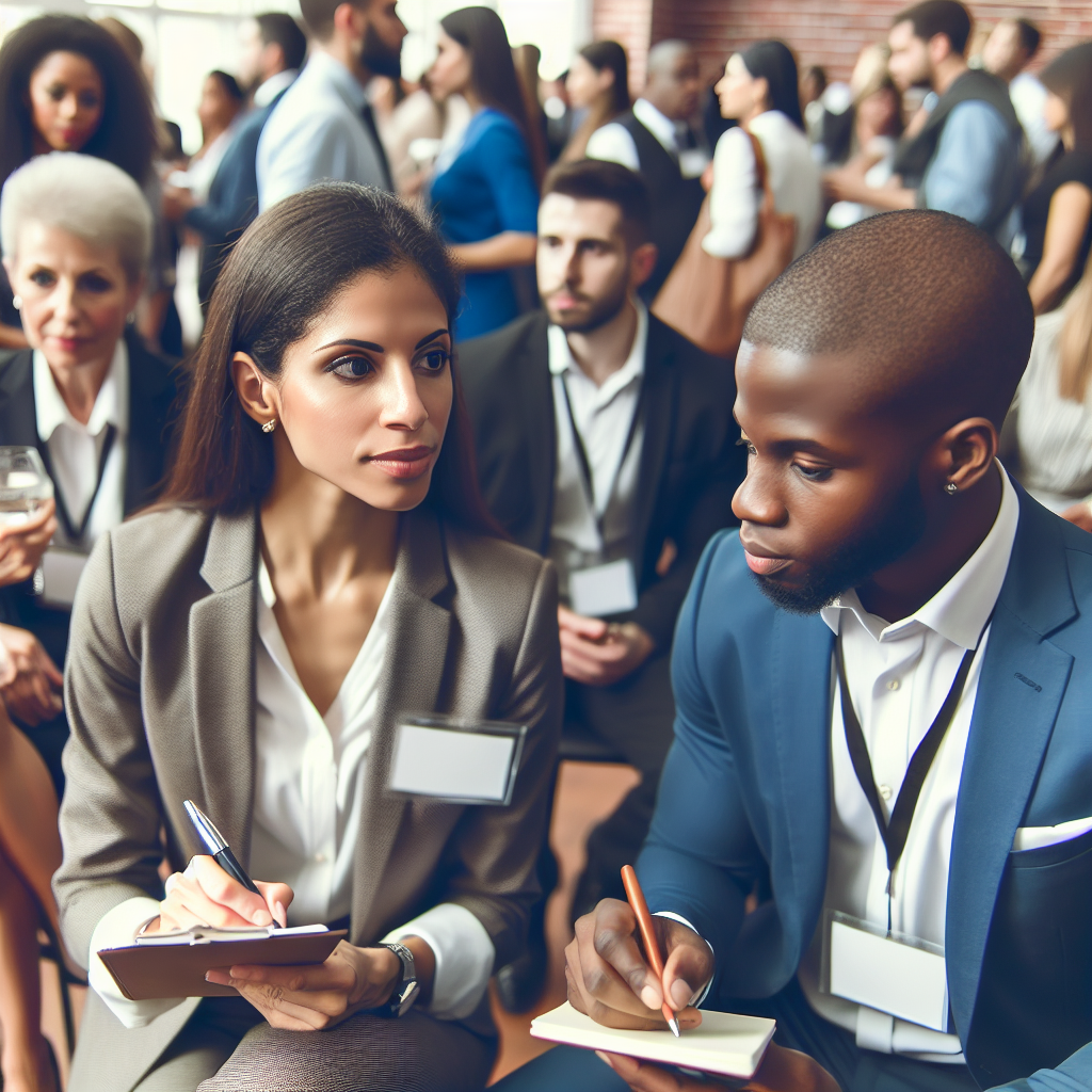 Generate an image depicting two business professionals actively listening and taking notes at an event. The setting is a bustling networking session with individuals mingling and exchanging ideas. Highlight the importance of attentive listening and note-taking in forming effective business connections.