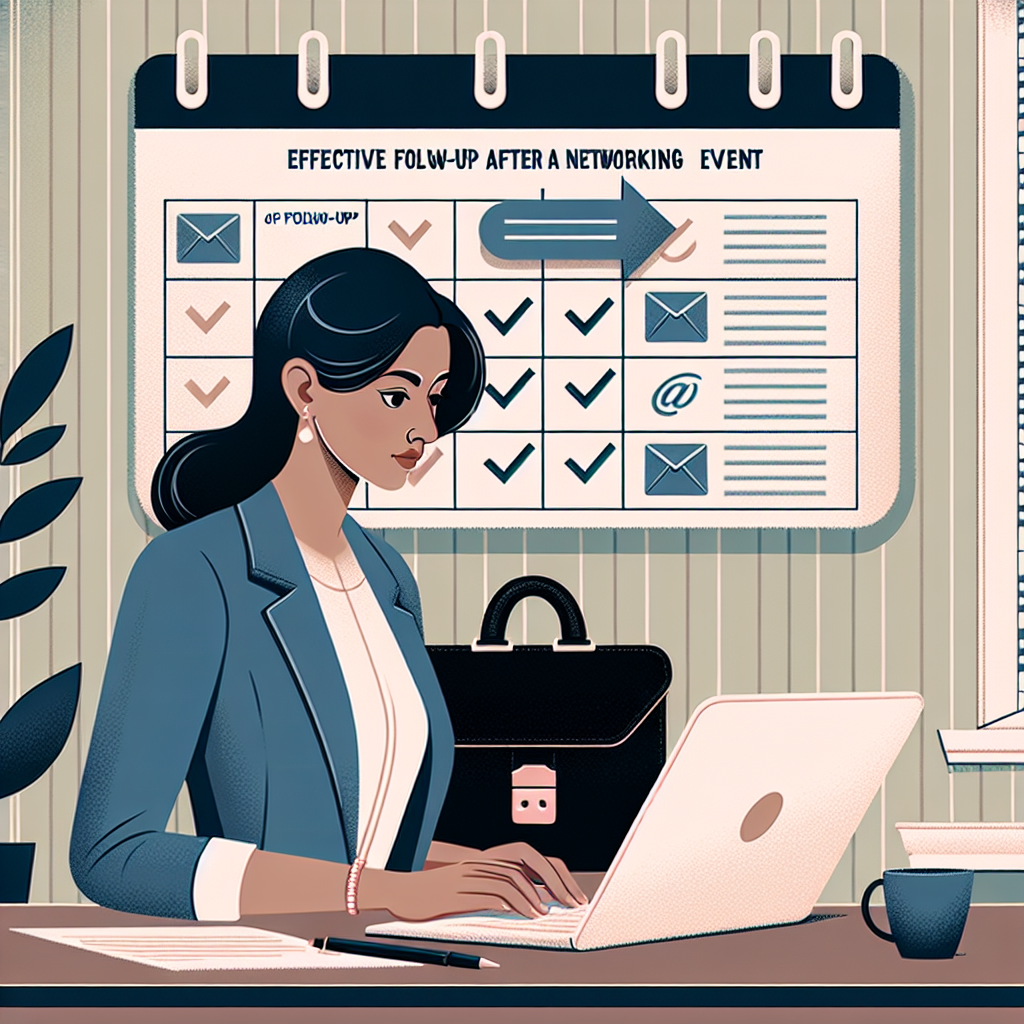 Generate an image illustrating the process of effective follow-up after a networking event, showing a professional at a desk sending personalized emails with a laptop. The background features a calendar with marked follow-up dates, symbolizing the organized approach to maintaining business relationships and ensuring continuous improvement.