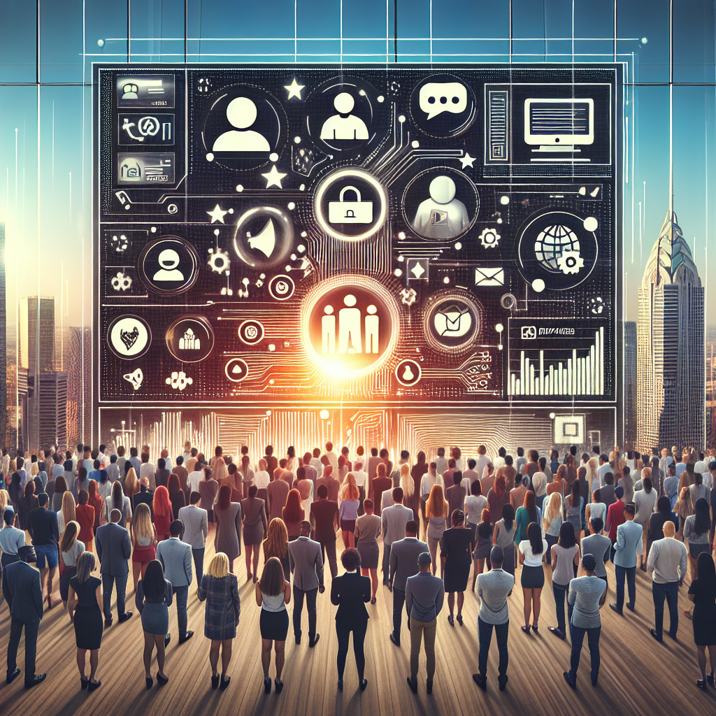 Generate an image of a bustling online platform for a staffing agency, highlighting various digital marketing elements such as social media, website analytics, and online ads, with a diverse group of job seekers and employers interacting virtually. The platform should look vibrant and modern, capturing the essence of building a powerful online presence.