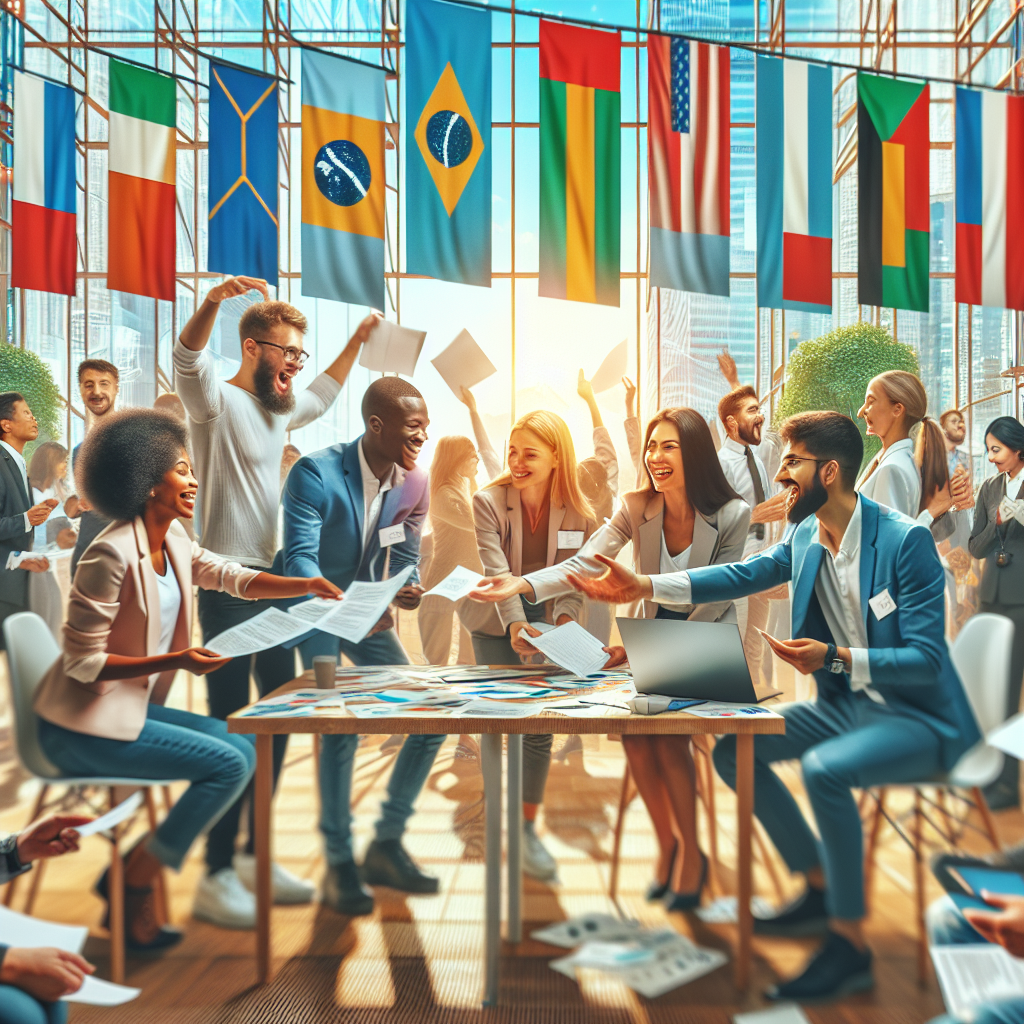 Generate an image depicting a lively networking event organized by a staffing agency, with professionals from various industries engaging in conversations, exchanging business cards, and participating in workshops. The setting should be a stylish conference hall with banners promoting career connections and opportunities.