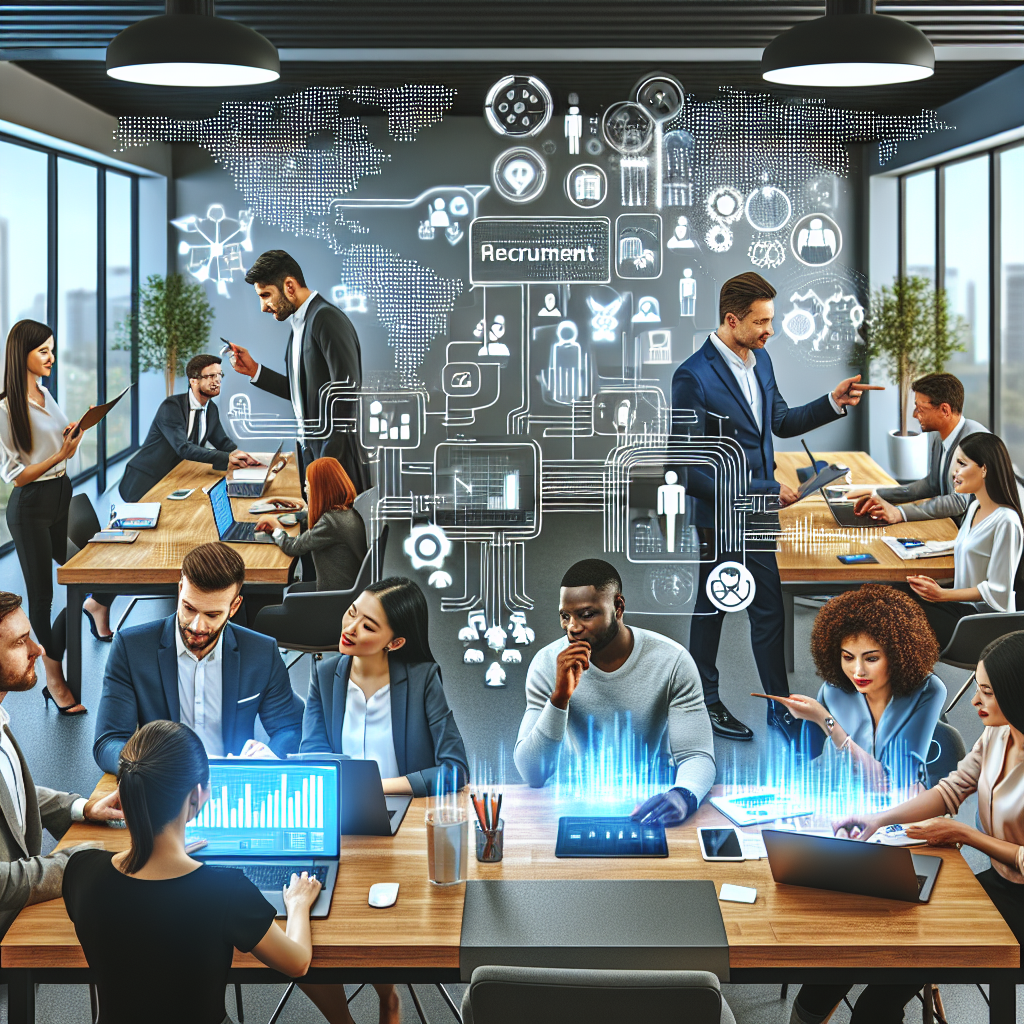 Generate an image depicting a dynamic recruitment agency office with diverse professionals brainstorming to create a unique value proposition. The scene should be vibrant and collaborative, showcasing diversity, innovation, and a modern workspace with digital tools and strategies illustrated visually.