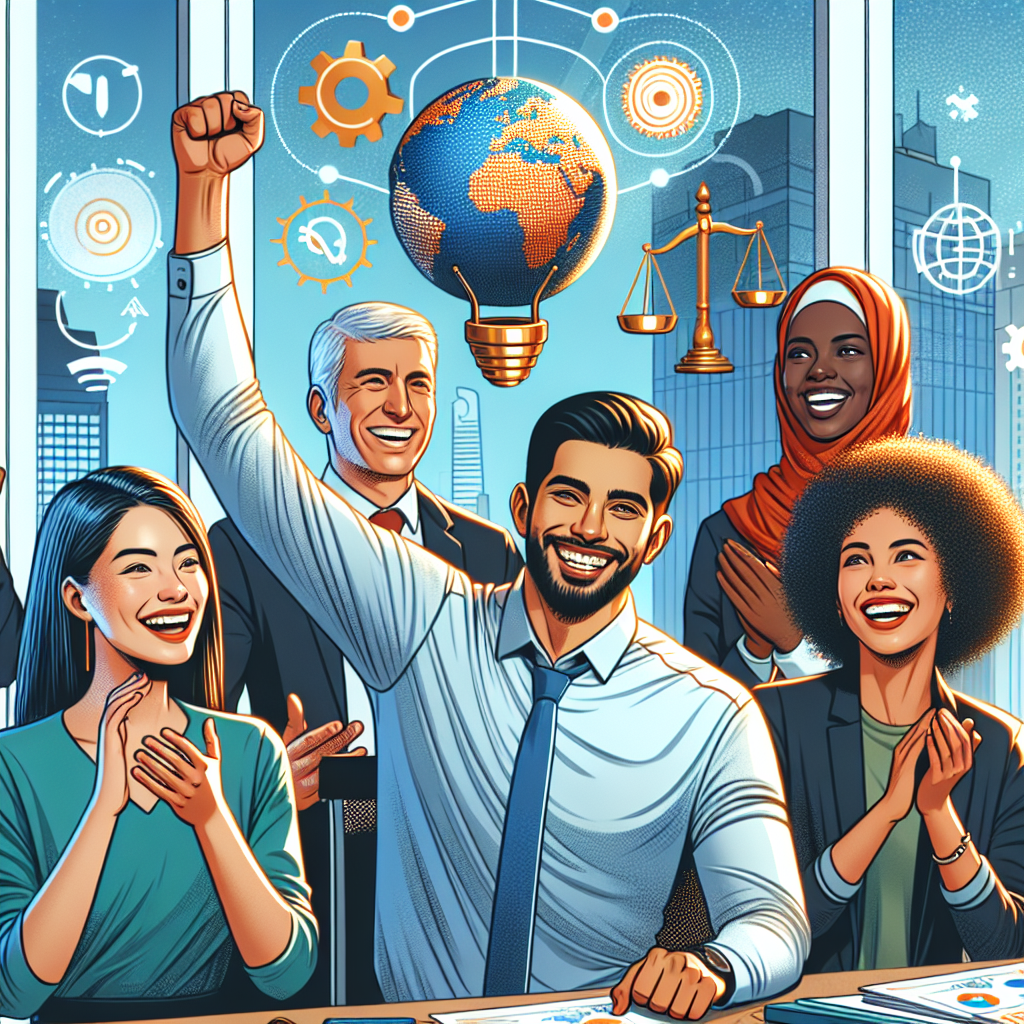 Generate an image of a recruitment agency's strong and engaging company culture. Highlight a diverse team celebrating a successful project, capturing energy, synergy, and cultural diversity. Include elements that represent core values and inclusivity within a corporate setting.