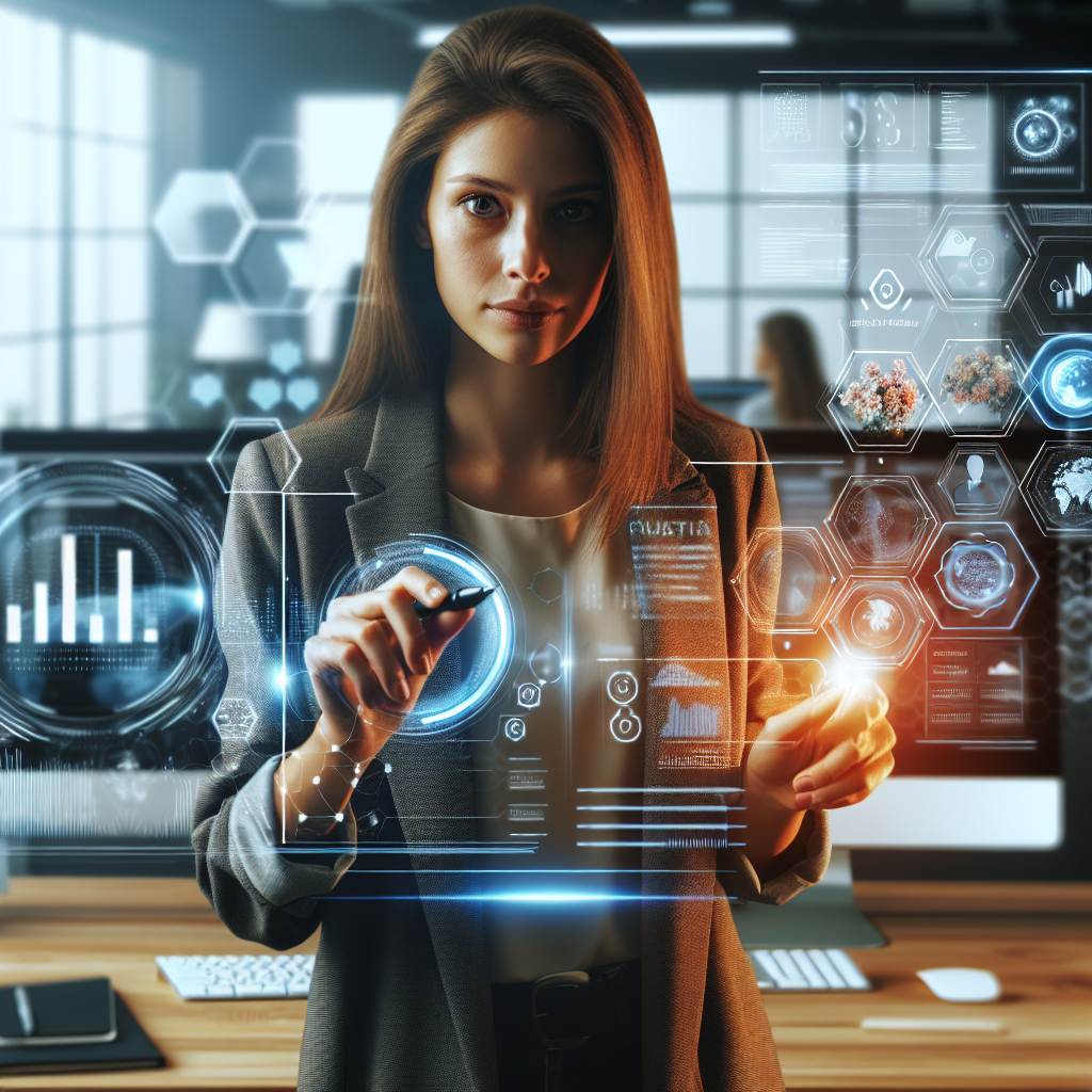 Generate an image focusing on the effective use of social media by a recruitment agency. Illustrate a digital marketing specialist analyzing social media metrics and crafting creatives for branding. The setting should be tech-forward and innovative, with screens showing various social media platforms.