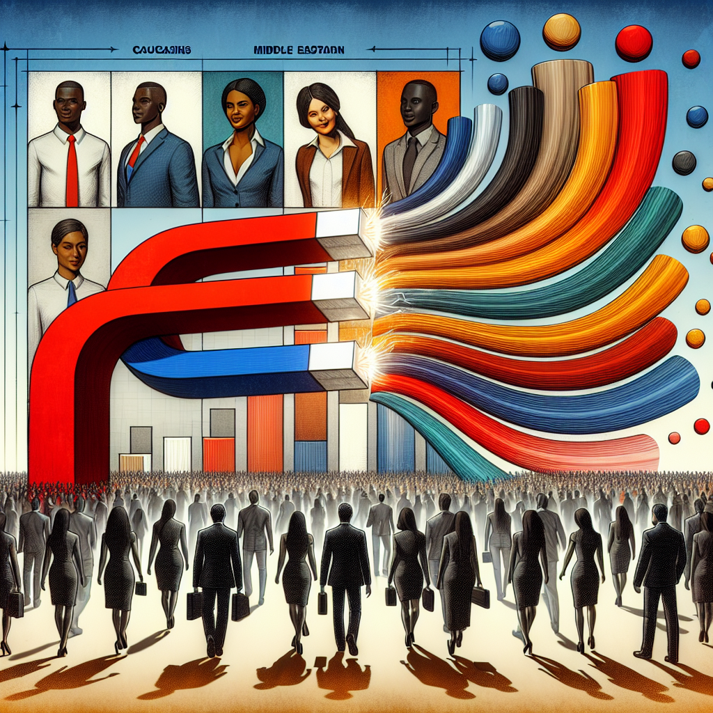 Generate an image showing a competitive recruitment market landscape with symbolic imagery of attracting the right talent. Visualize a magnetic field drawing people towards a dynamic agency, representing the concept of talent attraction and retention. Use abstract visuals to convey market competition and success.