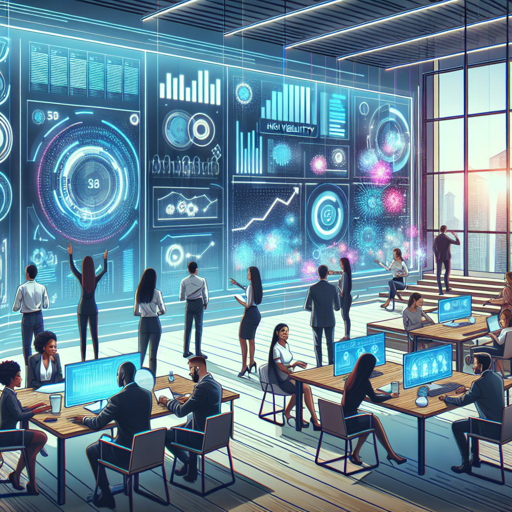 Generate an image of a bustling modern office where employees are engaging with a digital dashboard illustrating increased visibility and engagement metrics for an employment agency. The scene should be vibrant, filled with holographic visuals, showcasing how a strong online presence reshapes traditional recruitment processes.