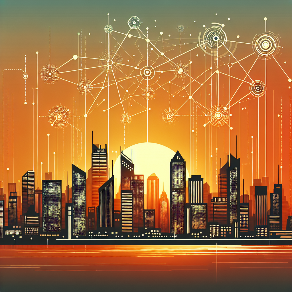 Generate an image showing a graphically stylized city skyline at sunset, symbolizing the expansive reach of an employment agency's online presence. Dot-and-line network motifs should connect various buildings, exemplifying effective digital communication channels and connectivity.