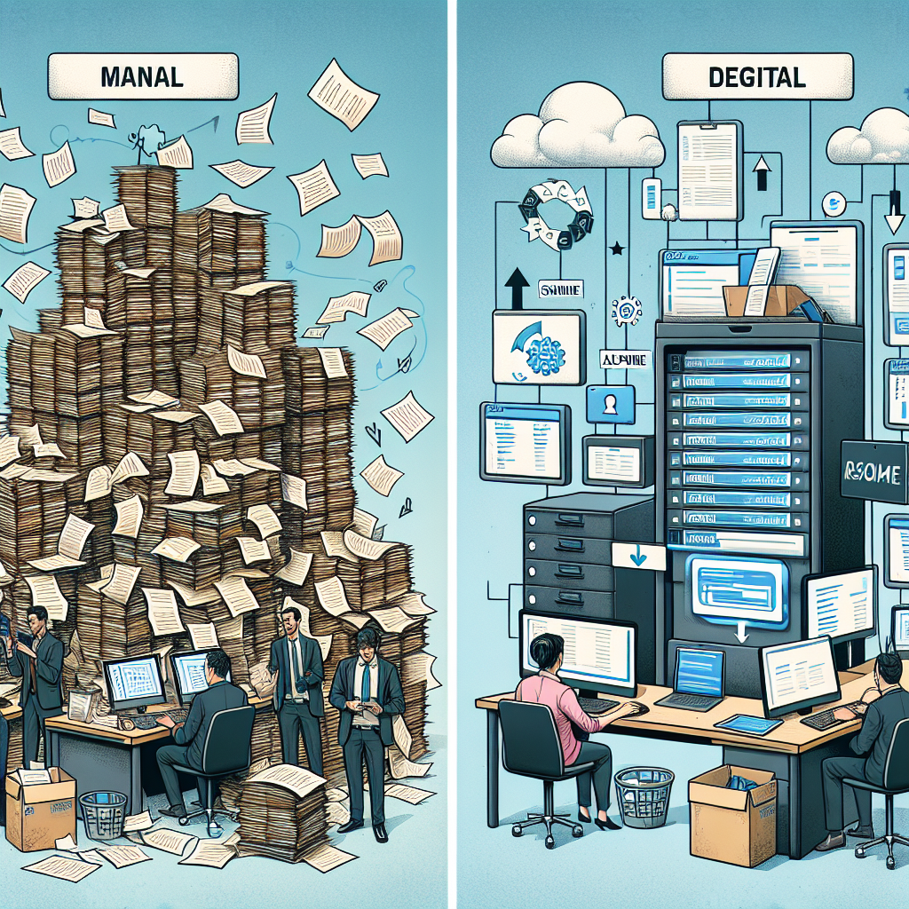 Generate an image depicting a cost-saving digital transformation within an employment agency. Show a vivid before-and-after illustration, with the left side depicting a cluttered traditional office with stacks of resumes, and the right side portraying a sleek digital office environment with automated processes and digital devices.