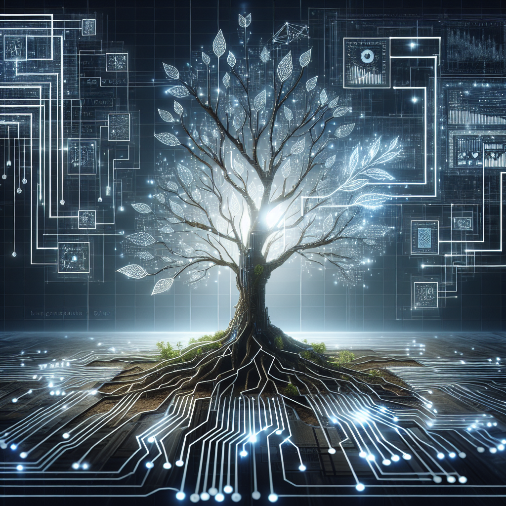 Generate an image of a metaphorical growth of a company brand with a digital tree made of interconnected circuits and digital leaves. The tree is rooted in the earth, representing market insights, with its branches reaching upwards, symbolizing brand enhancement and sustainable growth achieved through online strategies.