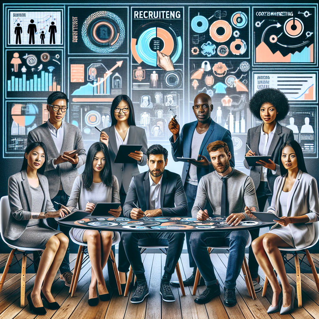Generate an image of a diverse group of recruiters brainstorming around a table. The setting is a modern office with digital screens displaying keywords like 'Content Marketing' and 'Audience Engagement'. Each recruiter is depicted with a creative tool, like a tablet or a sketchpad, symbolizing innovative content creation.