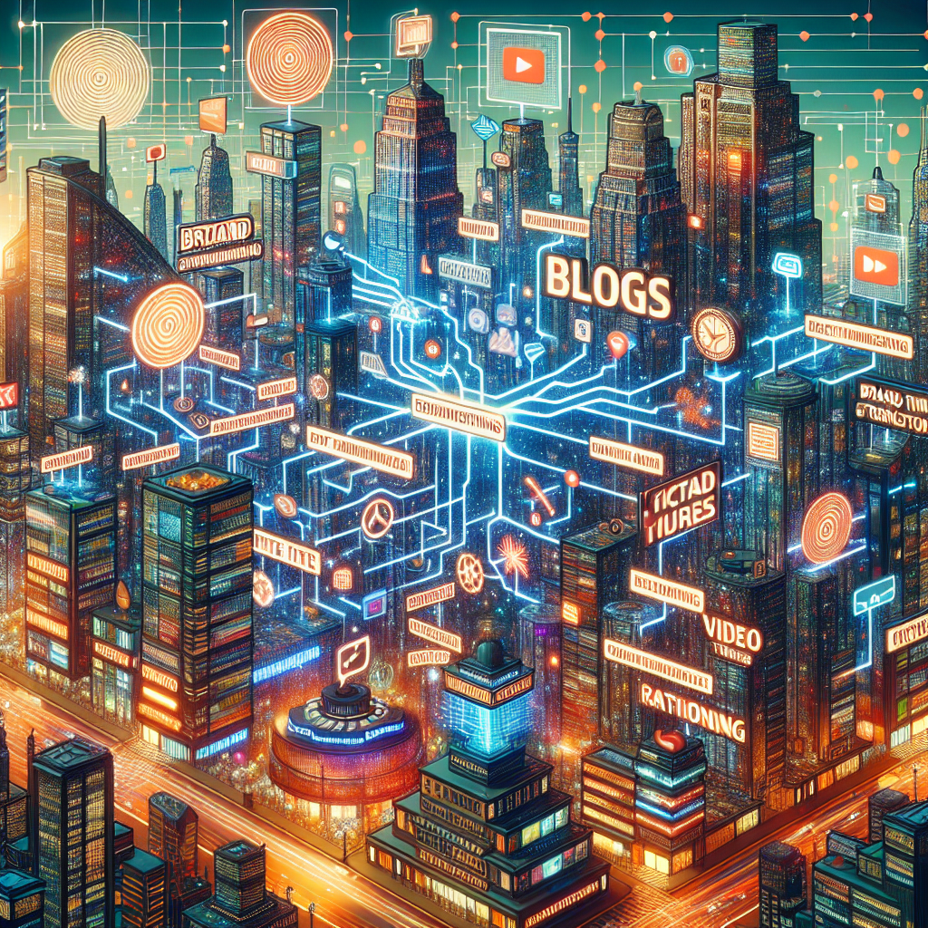 Generate an image of a bustling digital cityscape where various content marketing elements like blogs, videos, and social media posts are interconnected like a neural network. The city represents the recruitment industry, with towers displaying words like 'Brand Strengthening' and 'Relationship Building'.