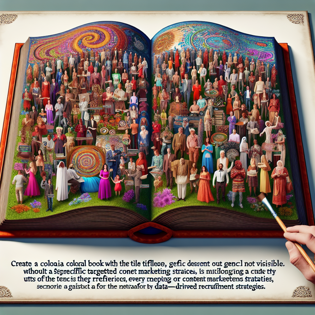 Generate an image of a giant book titled 'Understanding Your Audience' opening up to reveal a vivid tapestry of different personas. Each persona is illustrated engaging with content specifically tailored to their needs, symbolizing targeted content marketing strategies in recruitment.