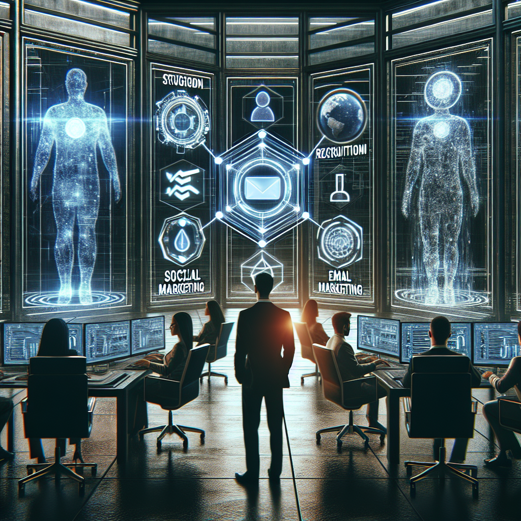 Generate an image of a futuristic control room with recruiters analyzing holographic displays. Each display represents different content distribution strategies like SEO, email marketing, and social media outreach, illustrating the complexity and dynamism of content marketing in the recruitment field.