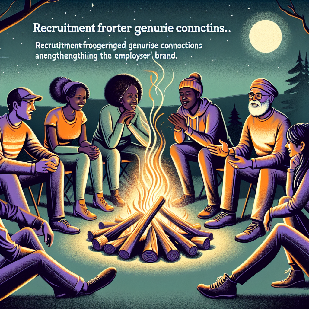 an image of a diverse group of people around a campfire, sharing stories and connecting, to symbolize storytelling in recruitment fostering authentic connections and strengthening employer brand in an illustrated, warm, and inviting style