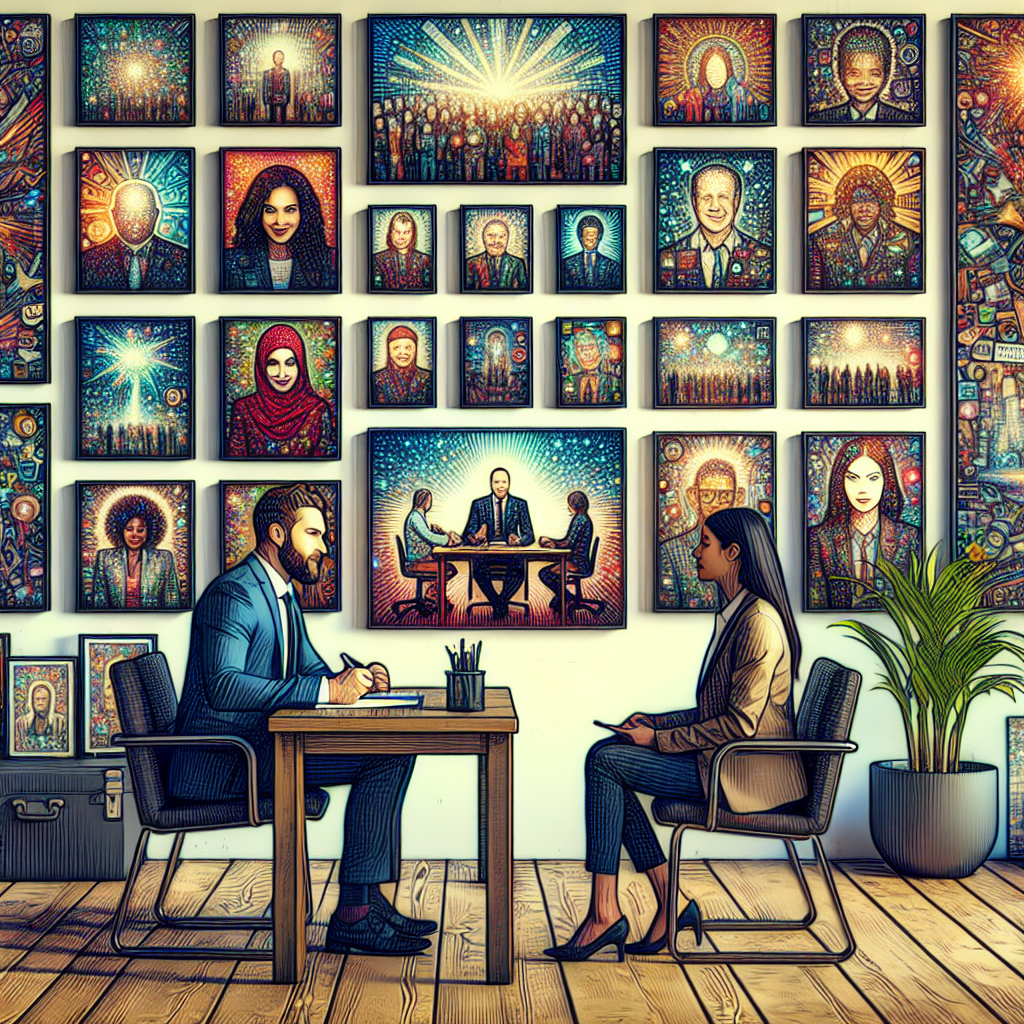 an image of a job interview setting where the walls are covered with dynamic and colorful stories, each frame portraying different life experiences and diverse backgrounds to represent how storytelling enhances employer branding and candidate engagement in a modern, digital art style