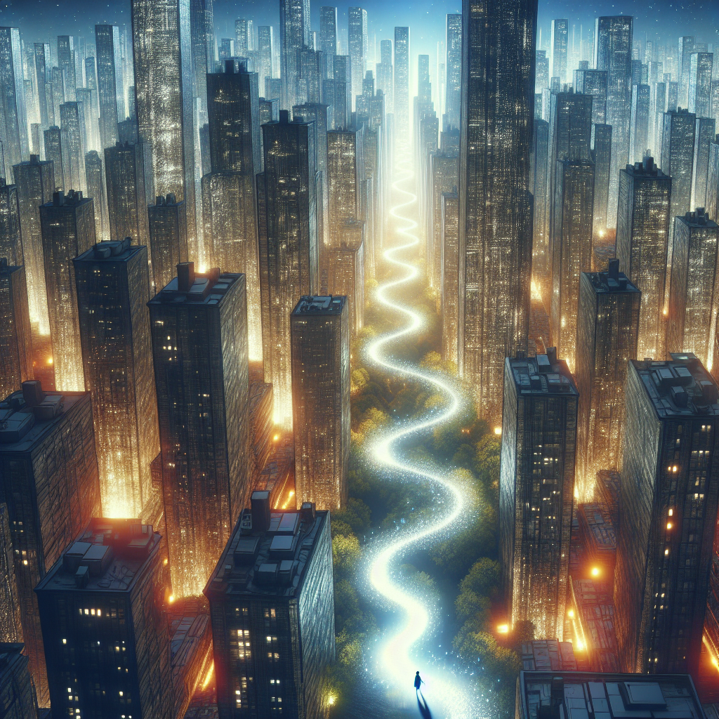 an image of a competitive job market represented as a bustling cityscape with towering skyscrapers and amidst them, a magical, glowing narrative path winding through, illustrating how storytelling can differentiate and make one stand out in recruitment in an imaginative, surrealistic style